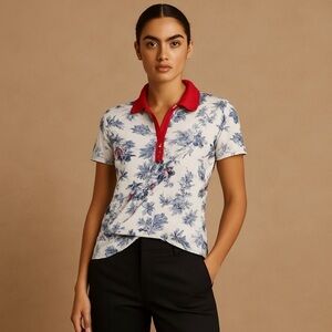 ISLE 100% Cotton Floral Print Polo Shirt with Red Collar Women’s S